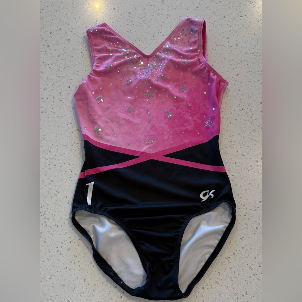 NEW GK Elite Gymnastics Leotard Size SM Pink Black Sleeveless Dance Sparkly
